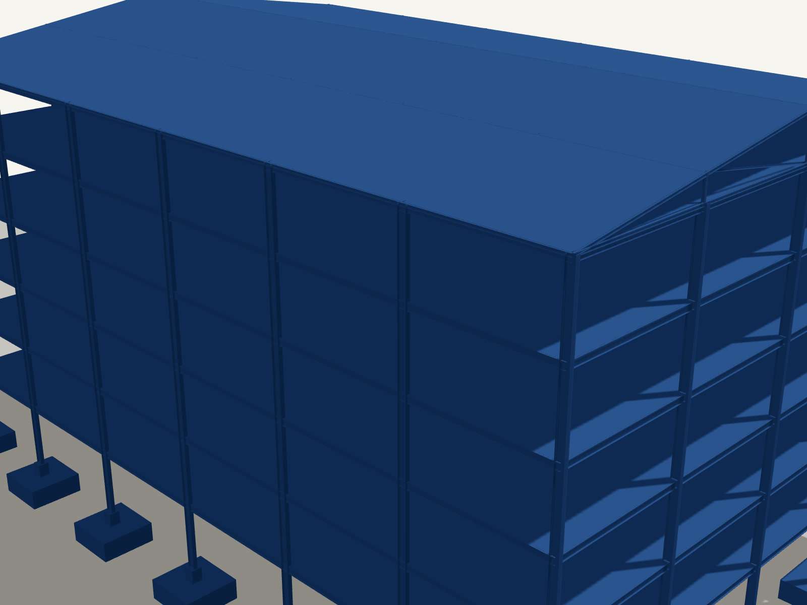 Render 3D de un edificio de procesos de varias plantas con estructura metálica