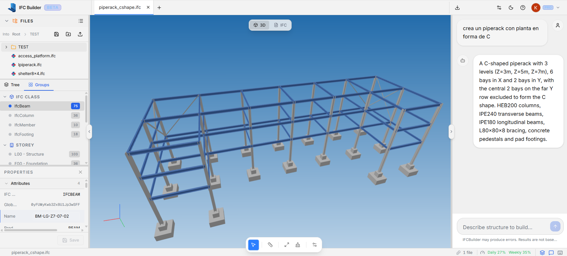 Visor de IFC Builder mostrando el modelo IFC 4 del pipe rack generado