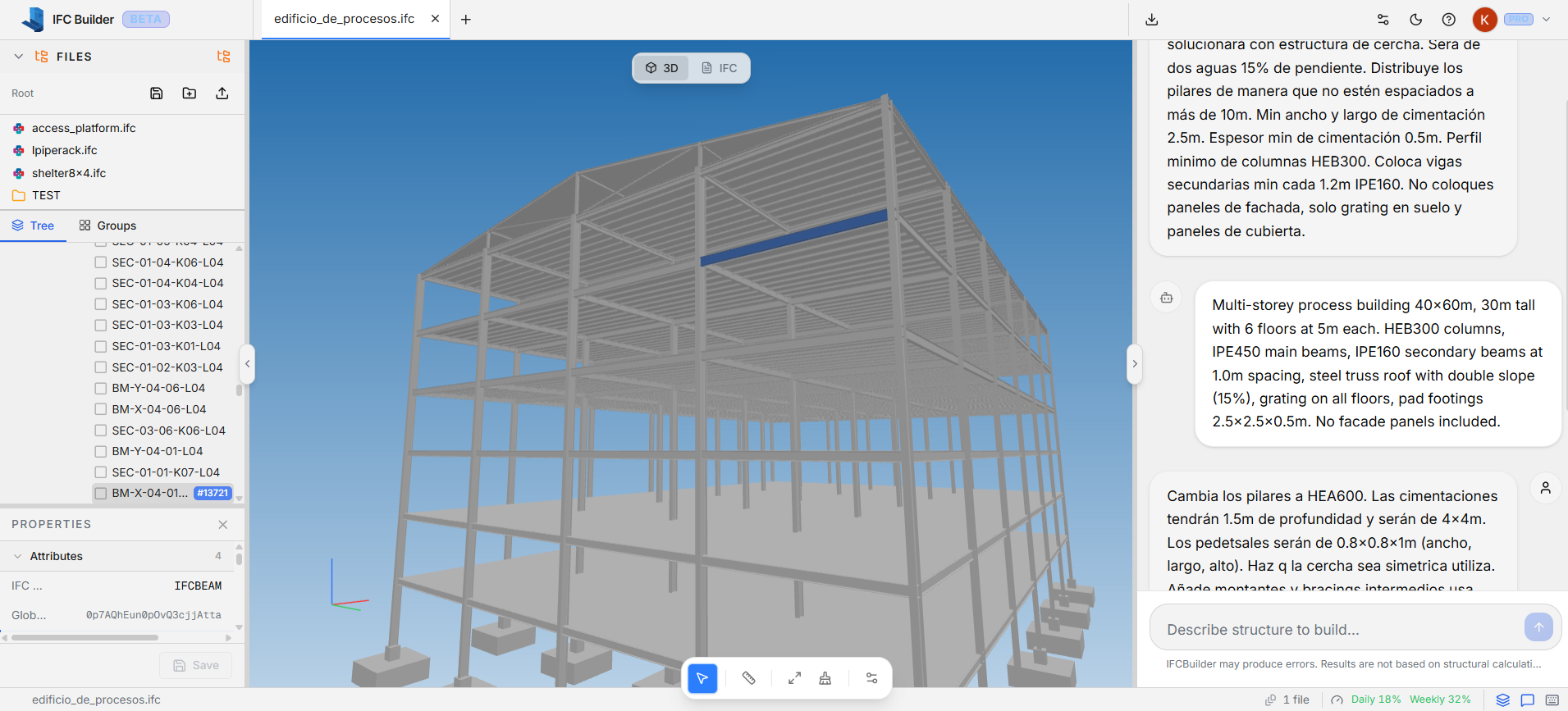 Visor de IFC Builder mostrando la nave industrial metálica generada